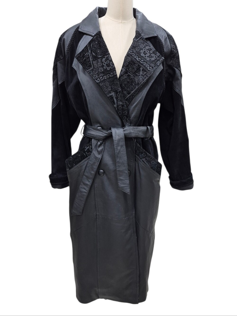 Vintage Wilsons Leather long mixed media coat women's small  black belted Gothic
